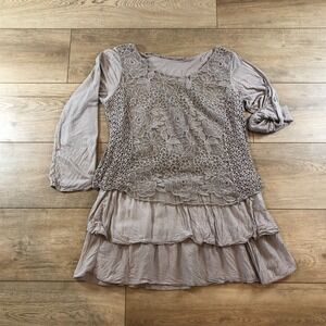 Madein Italy Dress Taupe Lagenlook Lace Crochet Ruffle Whimsy Artsy Cottage READ